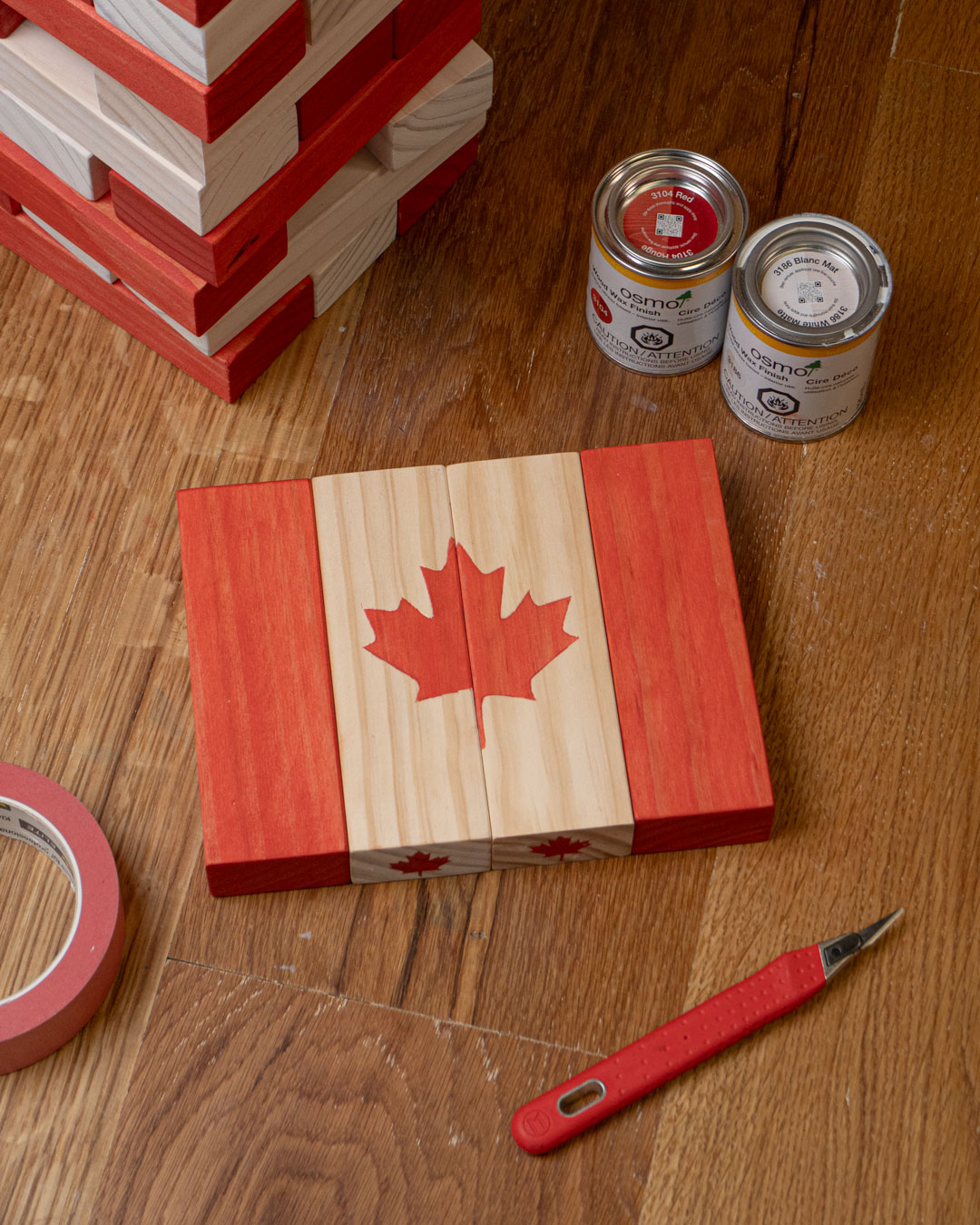 DSC00714-web Canada Flag with jenga blocks and osmo wood wax finish - wood finish that has high colour intensity and still shows the wood grain
