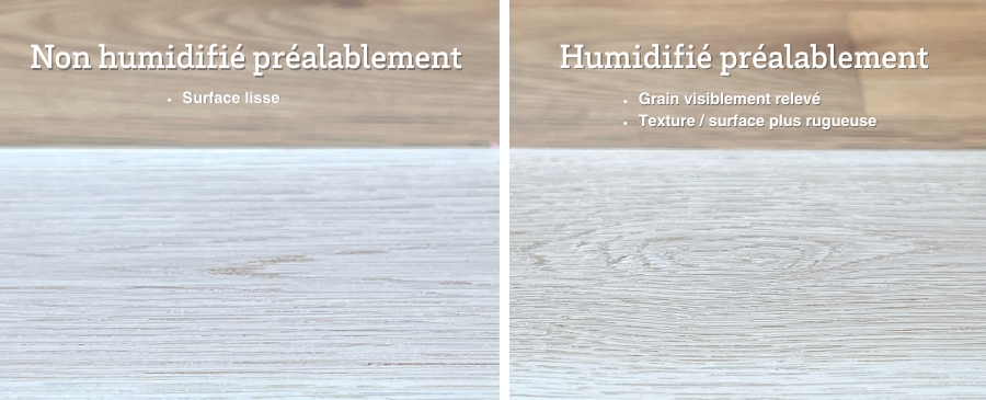 Water Popping L’humidification préalable du bois augmente le risque de dégradation de la qualité du bois. Comme illustré ici, l’image de gauche montre du bois non humidifié, tandis que celle de droite montre du bois ayant subi une humidification préalable. Grain de bois humidifié vs. non humidifié.