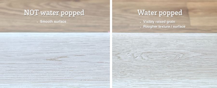 Water popping wood adds risk to degrading the quality of wood, shown here, the left image shows wood that has not been water popped vs. the right shows wood that has been water popped. Water popped wood vs. Non Water Popped grain