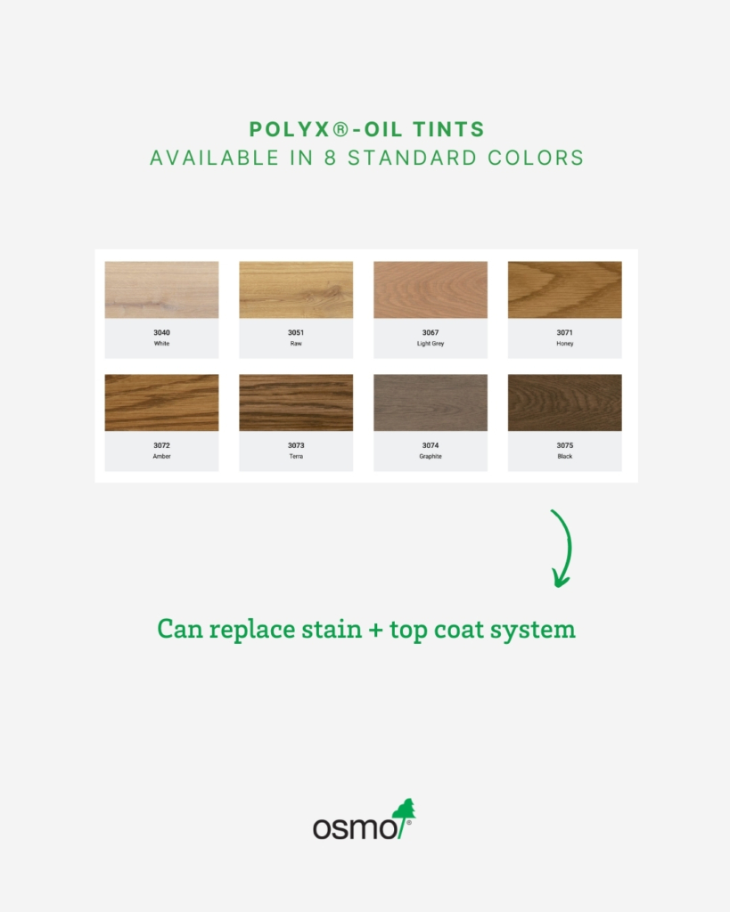 Text reads: Polyx Tints Swatches - Wood stain available in 8 standard colours. Pigment and protection in one product, Can replace stain + topcoat system.