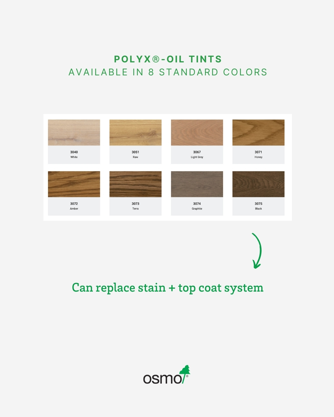Text reads: Polyx Tints Swatches - Wood stain available in 8 standard colours. Pigment and protection in one product, Can replace stain + topcoat system.