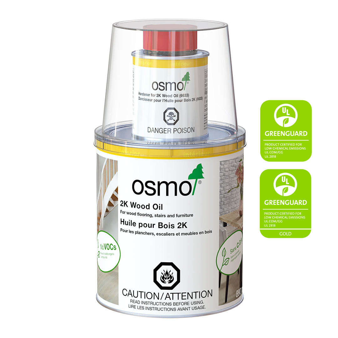 2K-Wood-Oil-Greenguard-GOLD-certified-product Osmo LED Smart Oil, a professional product for wooden flooring, stairs and furniture. Instant drying with LED-UV lamp. Microporous, water-repellent and very hard-wearing. For industrial use only. 5980 Clear.
